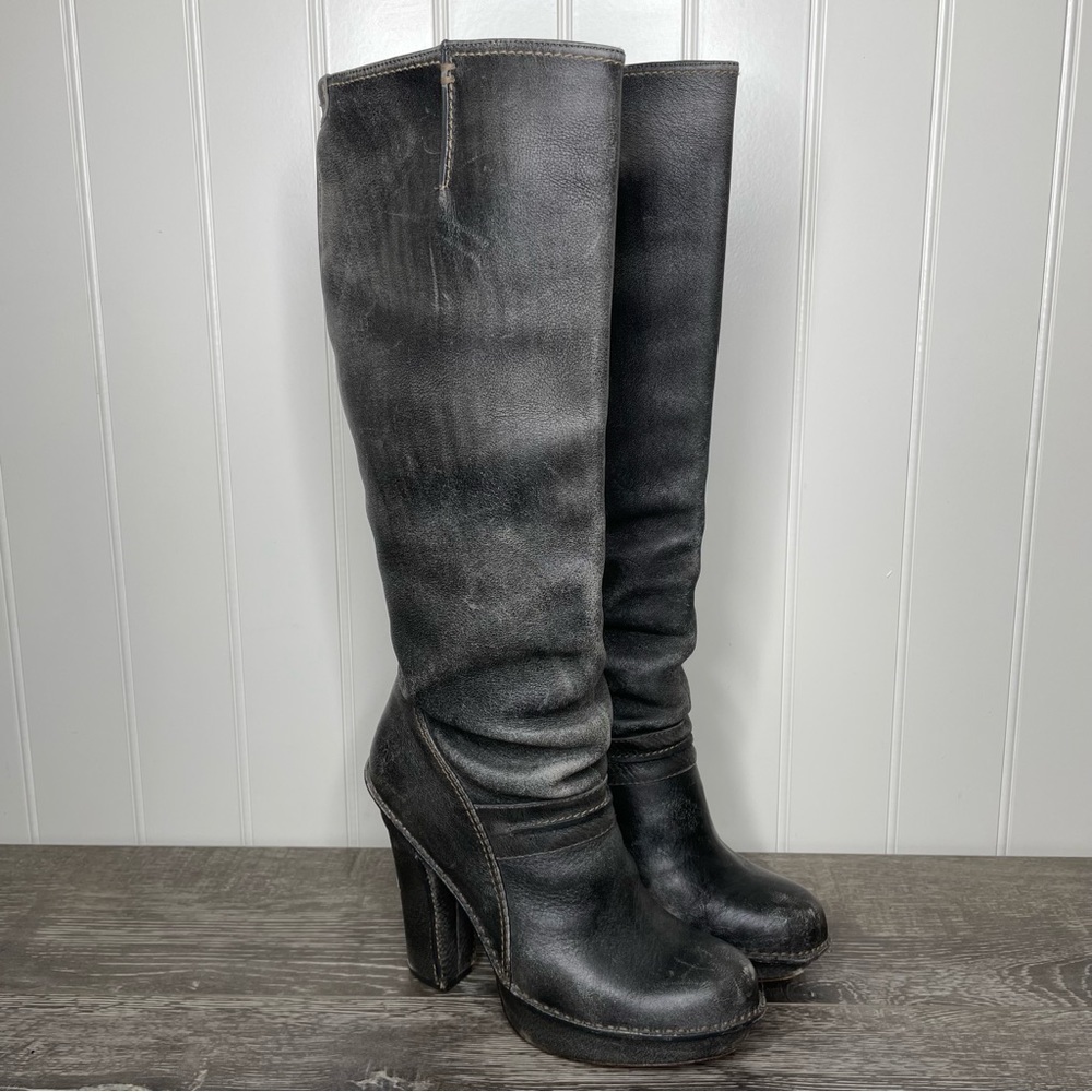 Frye Platform Equestrian Steampunk City Grunge Distressed Tall Boots Gray 8.5